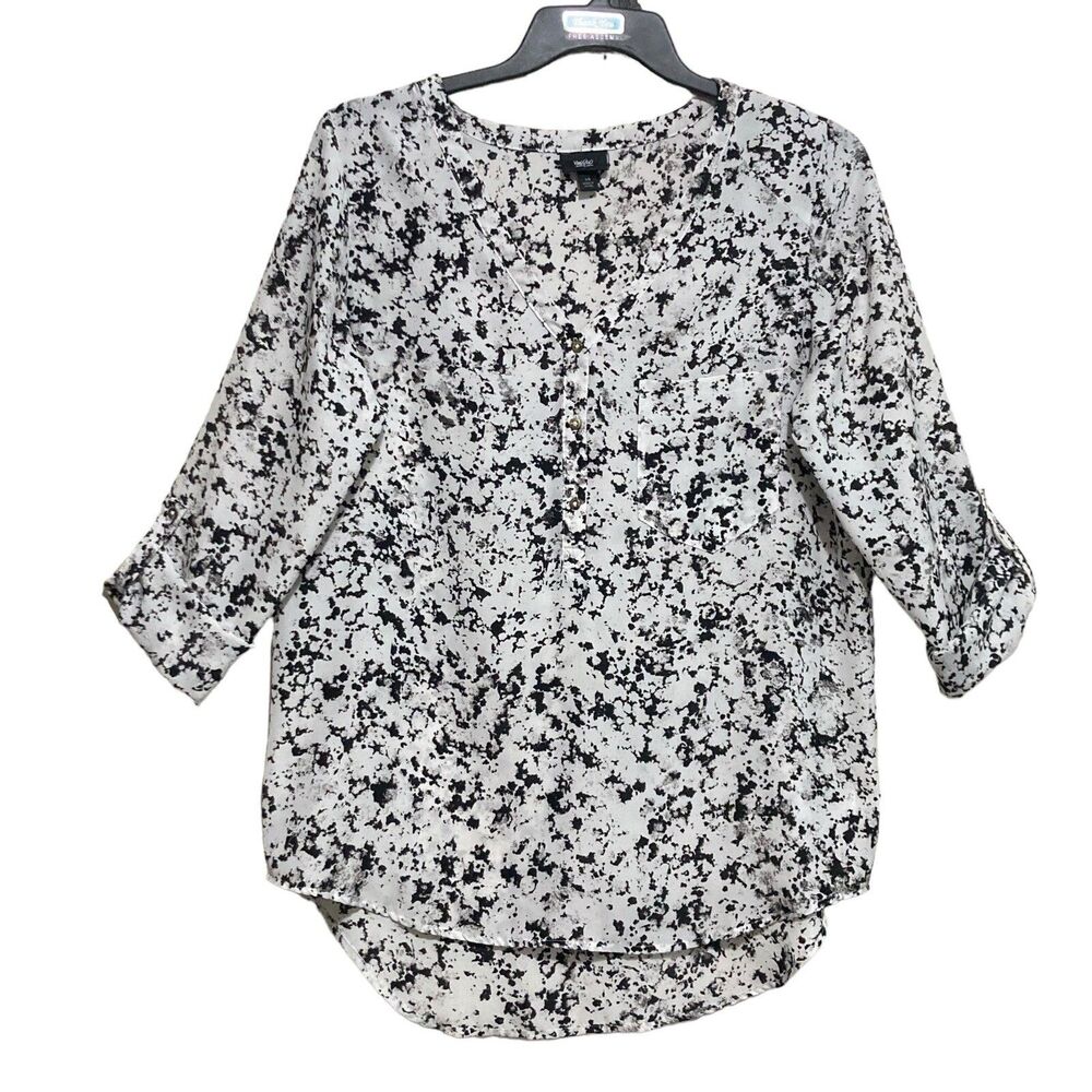 Mossimo Tunic Blouse Womens Size Large Black White 3/4 Sleeve V-Neck Lightweight